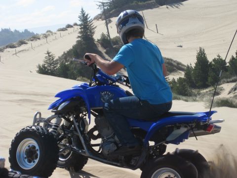 1979 Ford Bronco - A rider on a blue ATV navigates sandy terrain with dunes and trees in the background.