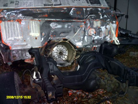1992 Ford Bronco - Vehicle chassis undergoing disassembly, showing transmission and suspension components. Dated 2008/12/15.