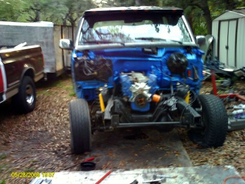 1992 Ford Bronco - This 1992 Ford Bronco is undergoing restoration, with its engine bay painted blue.