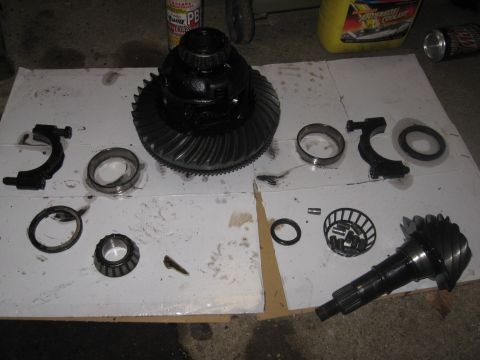 1995 Ford Bronco - Differential gears and bearings are disassembled and laid out on a white sheet for inspection or repair.