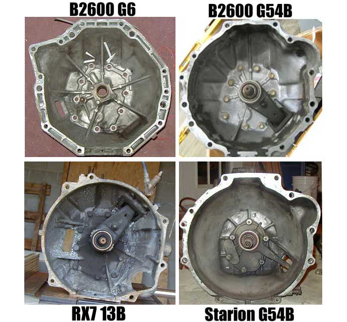 Comparison of four transmission bellhousings: B2600 G6, B2600 G54B, RX7 13B, and Starion G54B