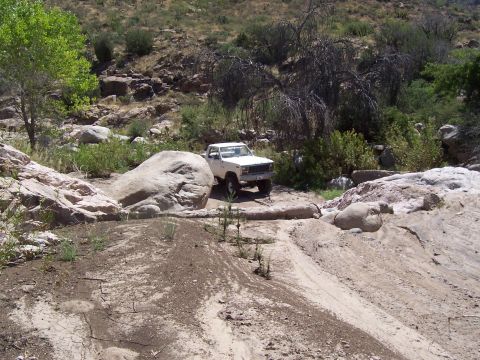 1981 Ford F-150 - A white pickup truck is shown driving through a , rocky terrain with sparse vegetation.