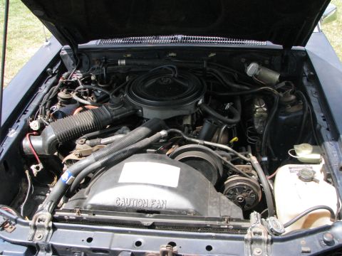 1985 Ford LTD - The engine compartment of a car is shown with the hood open, revealing various engine components and wiring.
