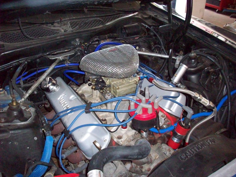 V8 engine bay with chrome mesh air cleaner, blue plug wires, red distributor cap and aluminum valve covers