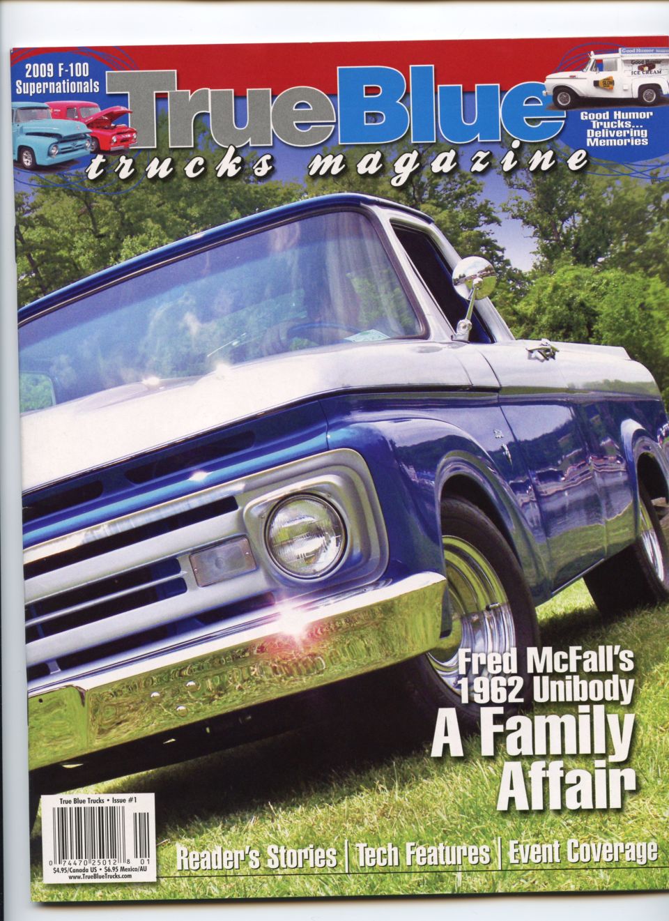 Blue and white 1962 Ford Unibody truck, 3q front view