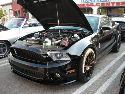 1998 Ford Crown Victoria - A black Ford Mustang Shelby GT500 is parked with its hood open, revealing the engine bay.
