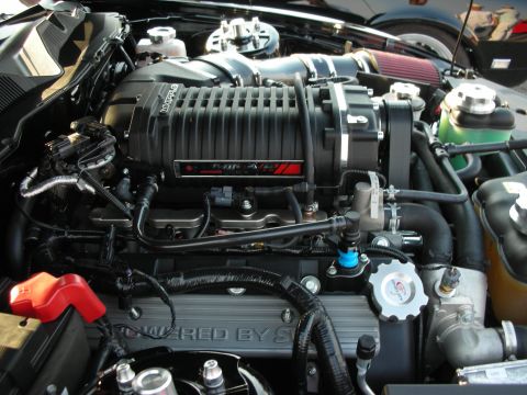 1998 Ford Crown Victoria - Close-up of a modified engine bay, showing a prominent supercharger and various engine components.