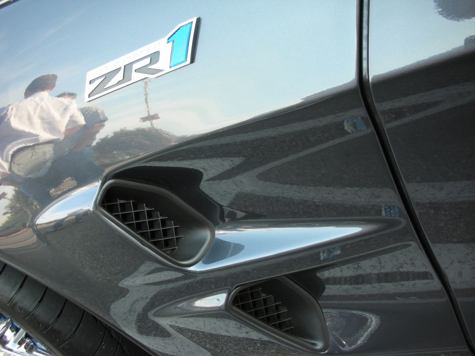 Close-up of a Corvette ZR1 fender vent with "ZR1" badge