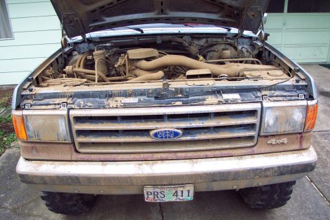 1989 Ford F-150 - Front and engine compartment after the Fire Fox icy mud hole. TSF Shoot n' Run, 2/16/2002