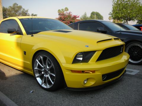1998 Ford Crown Victoria - A bright yellow Ford Mustang is parked at an angle, showing off its front end and custom wheels.