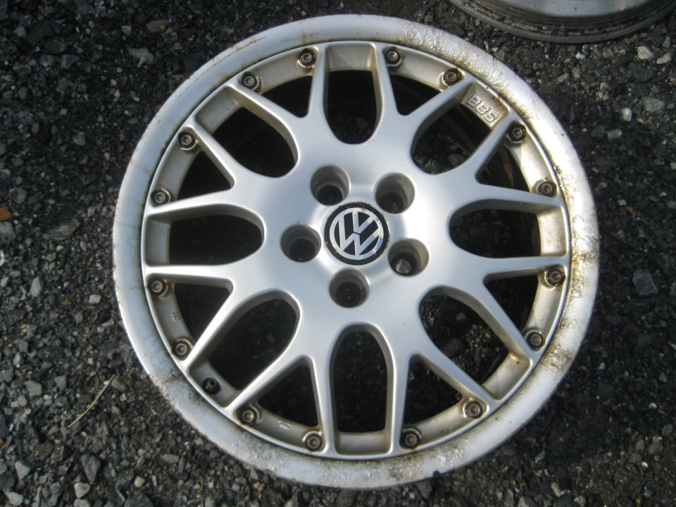 Silver Volkswagen BBS wheel with five spokes