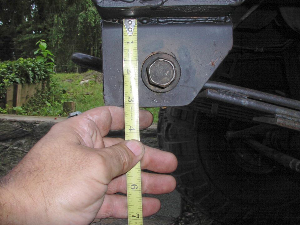 Hand measuring a black metal bracket on a vehicle's suspension with leaf springs visible