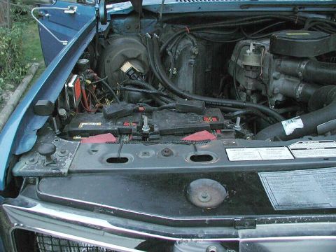 1985 Ford Bronco - Engine bay of a 1985 Ford Bronco, dual batteries and extensive wiring.