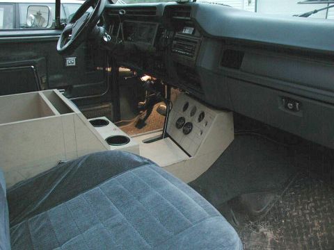 1985 Ford Bronco - Custom center console with gauges and cup holders in a vehicle interior.