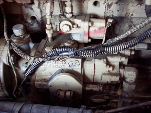 1981 Kenworth W900A - Detail of a diesel engine's fuel injection pump, showing intricate plumbing and wiring connections.