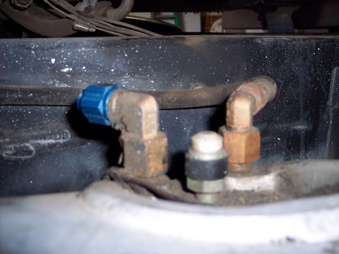 1981 Kenworth W900A - Close-up of air conditioning lines and fittings, showing brass and blue anodized components.