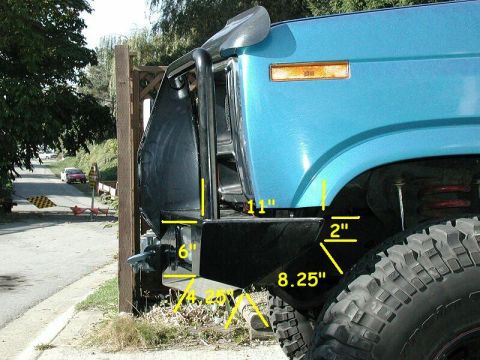 1985 Ford Bronco - A close-up view of a custom bumper and fender on a blue SUV, with measurements indicated by yellow lines.