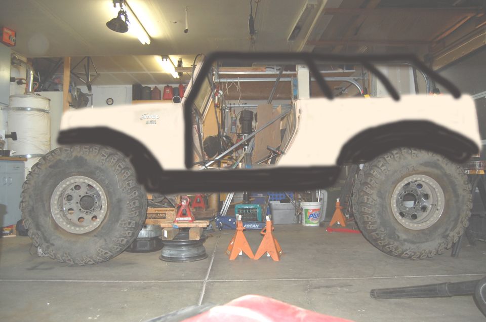 1961 International Scout 800 body, stripped down and on jack stands in a garage. Roll cage is outlined in black