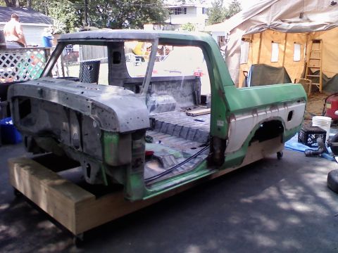 1979 Ford Bronco - This Ford truck body is undergoing a rebuild, showing its bare frame and interior.
