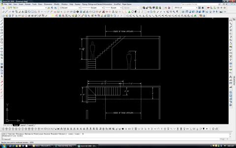 1965 Ford Mustang - CAD dimensioned drawing of a staircase showing elevation and plan views with measurements and human-scale figures.