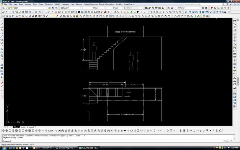 AutoCAD screenshot of a dimensioned staircase elevation and plan drawing
