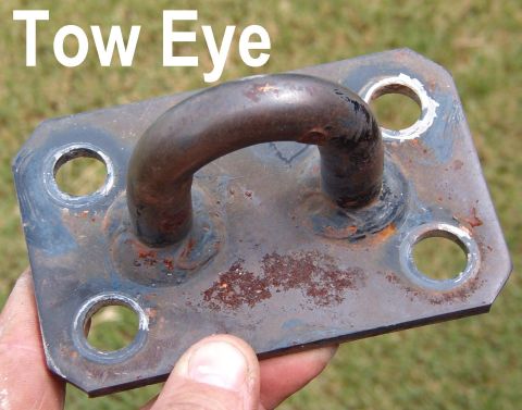 1983 Ford Bronco - OE Tow Eye (fabricated steel) includes 4 new 1/2" Gr.8 nuts, bolts, & flat washers. 5/8" Bar , 1.3" Loop , 4.7x3.1x.25"…
