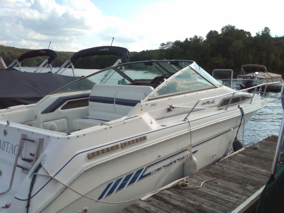 White Sea Ray Sundancer cabin cruiser with blue stripes docked at a lake