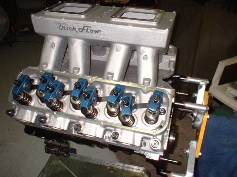 1956 Ford Crown Victoria - This engine part features a "Trick Flow" intake manifold and exposed rocker arms.