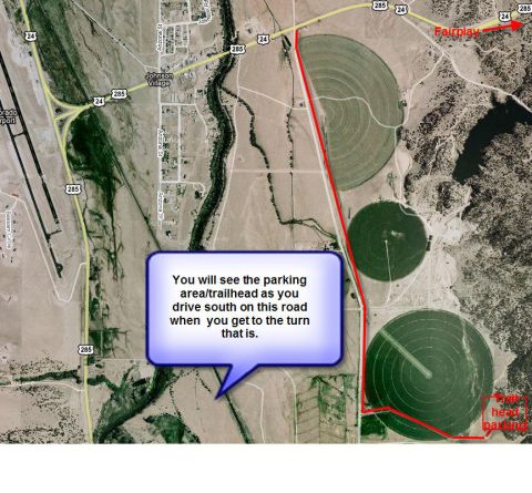 1995 Ford Bronco - This is an aerial view of a route marked in red, with a callout box providing directions to a parking area.
