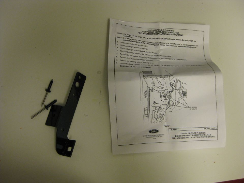 1992-94 Bronco/F-Series right hand instrument panel tab instructions with the replacement bracket and rivets