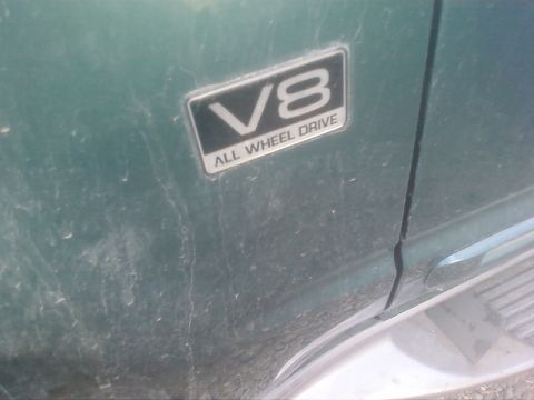 1995 Ford Bronco - Close-up of a V8 All Wheel Drive badge on the side of a green vehicle.