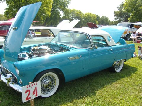 2007 Ford Mustang - A turquoise 1955 Ford Thunderbird convertible is displayed with its hood and trunk open at an outdoor event.