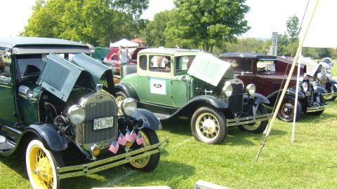 2007 Ford Mustang - Several vintage Ford vehicles are parked on a grassy field, with their hoods open, displaying their engines and classic designs.