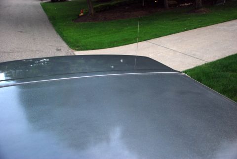 1995 Ford Bronco - Close-up of a car's roofline and antenna against a backdrop of grass and pavement.