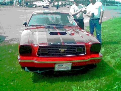 1978 Ford Mustang II - A red car with racing stripes is parked on grass, with people in the background.