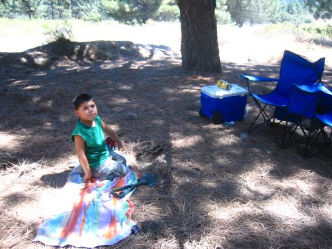 1988 Ford Bronco - Campsite scene under pine trees: a child in a green shirt sits on a colorful towel on pine-needle-covered ground, with a blue wheeled coole…