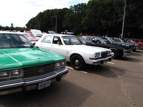 1991 Ford LTD Crown Victoria - green Ford sedan at the front of a row of full-size sedans, including a black STATE POLICE car, at an outdoor show.