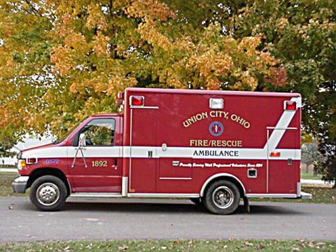 1991 Ford Bronco - This red ambulance has "UNION CITY, OHIO FIRE/RESCUE AMBULANCE" written on its side.