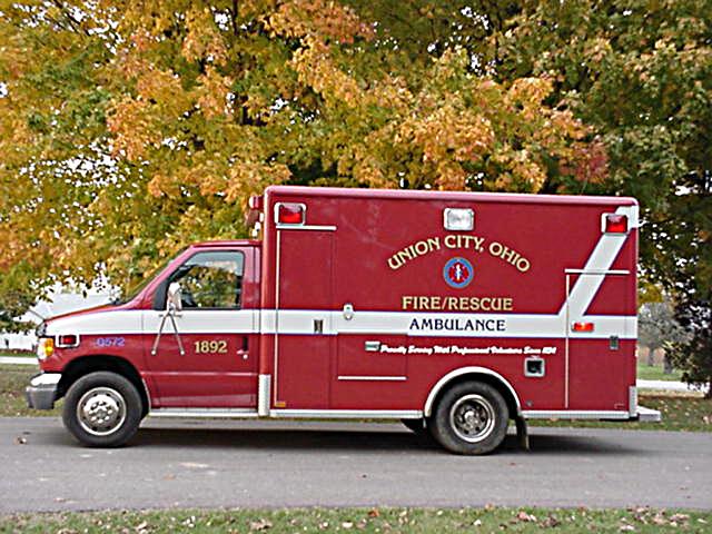 Red ambulance with "UNION CITY, OHIO FIRE/RESCUE AMBULANCE" text on the side
