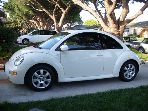 2003 Volkswagen Beetle - A white Volkswagen Beetle is parked in a residential driveway with trees and other vehicles in the background.