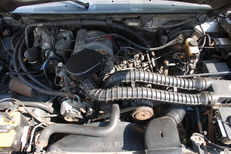 Engine bay with V8 engine, dual intake hoses, and alternator
