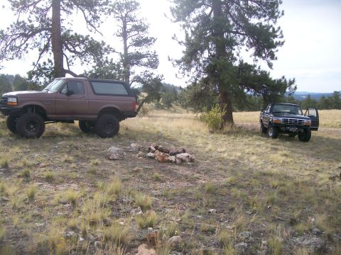1993 Ford Bronco - Two Ford Broncos, a brown one in the foreground and a black one behind it, are parked in a natural, outdoor setting.
