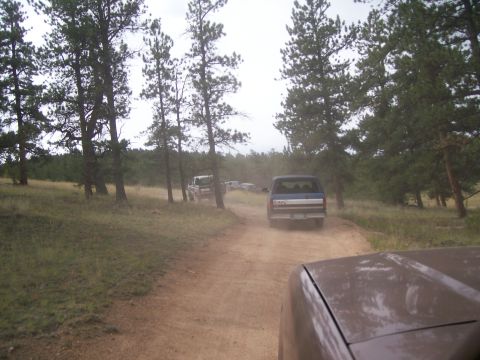 1993 Ford Bronco - A convoy of vehicles navigates a dusty trail surrounded by pine trees and dry grass.