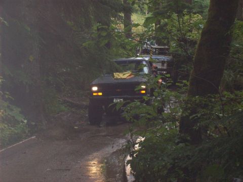 1985 Toyota Pickup/SR5 - Multiple trucks navigate a wet, muddy path through a dense forest.