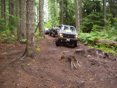 1985 Toyota Pickup/SR5 - Several off-road vehicles navigate a wooded trail, with a Chevrolet Van in the foreground.