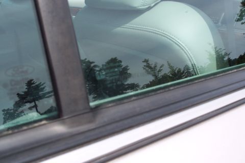 2001 Ford Crown Victoria - A reflection of trees is visible in the window of a car, obscuring the view of the interior.
