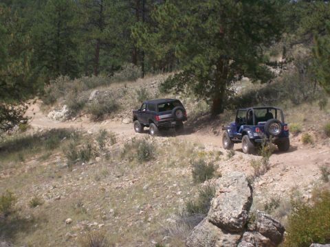 1993 Ford Bronco - Two SUVs, a Ford Bronco and a Jeep Wrangler, navigate a rocky trail through a forest.
