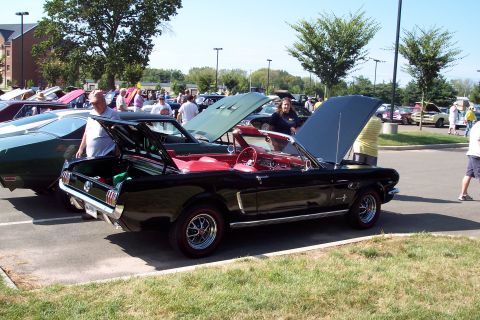 2001 Ford Crown Victoria - A black 1965 Ford Mustang convertible is displayed with its hood and trunk open at a car show.