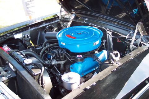 2001 Ford Crown Victoria - The engine bay of a classic car is shown with the hood open, revealing the motor and various components.