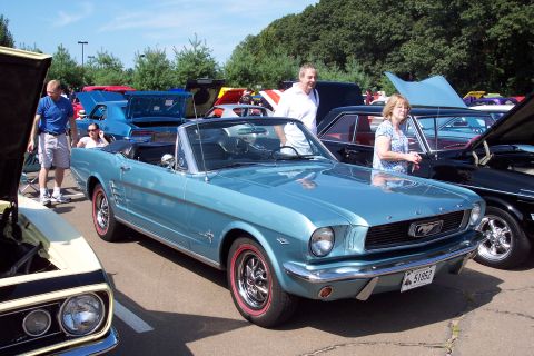 2001 Ford Crown Victoria - A light blue 1965 Ford Mustang convertible is parked at an outdoor car show.